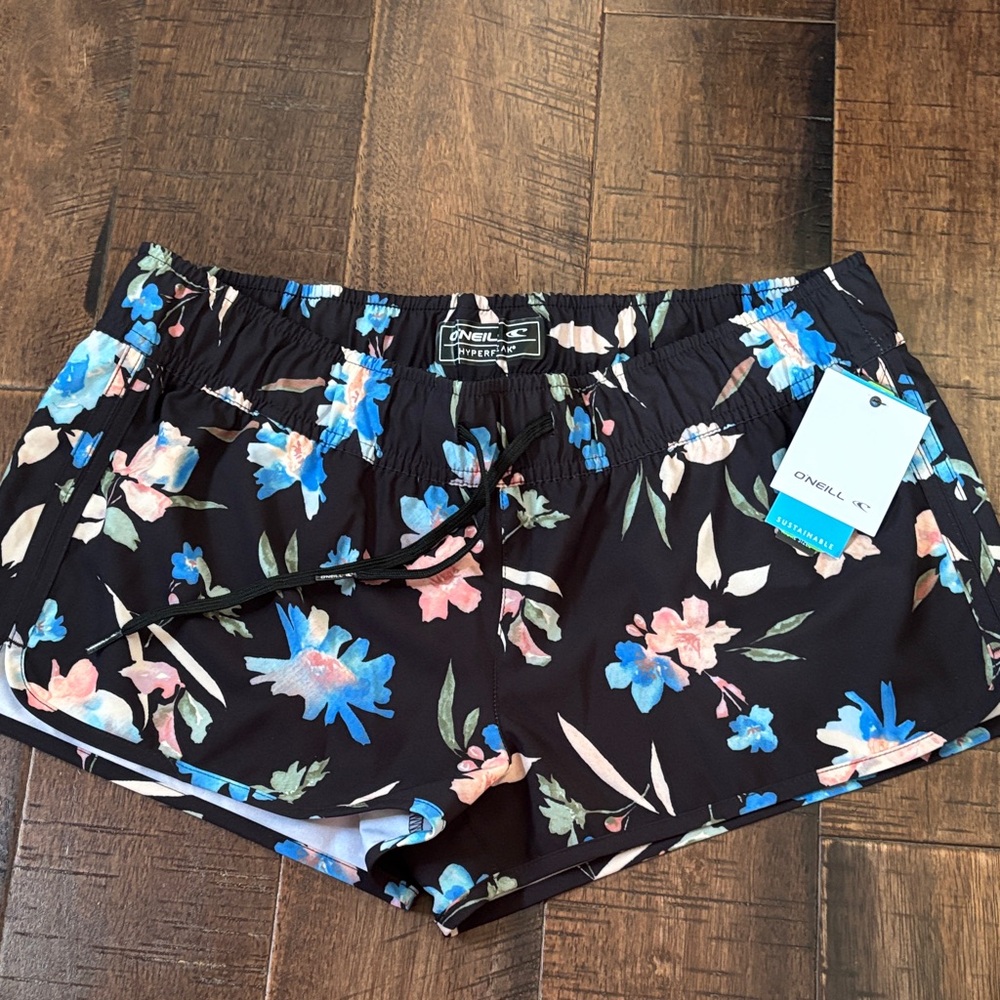 O'Neill Black Floral Swim Shorts with Blue & Pink Blooms